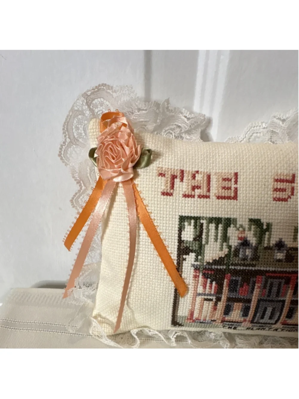 Handmade Lace Trim Embroidered Pillow The South Plantation Ribbon Flower